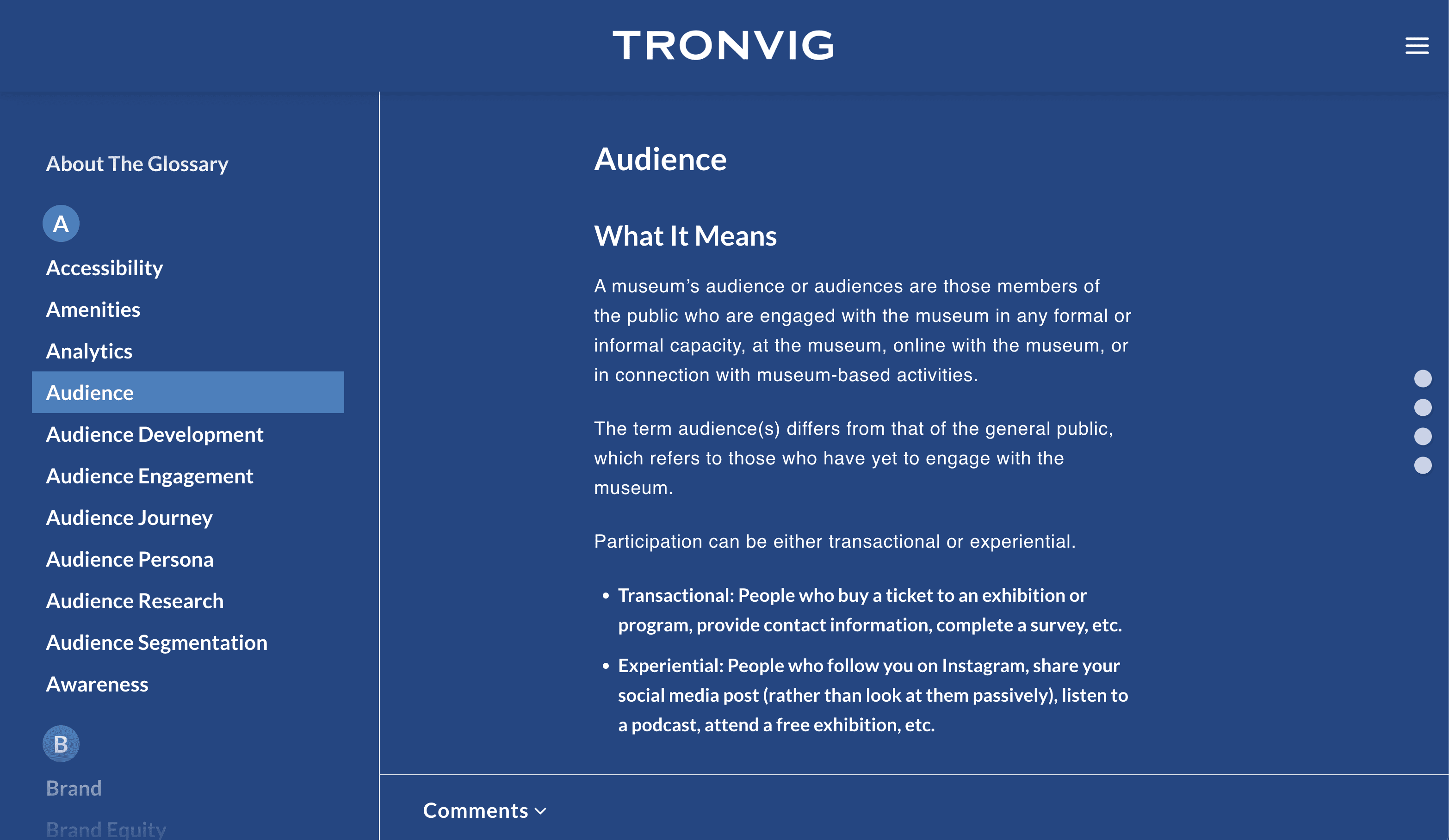 Museum Marketing Glossary, Tronvig